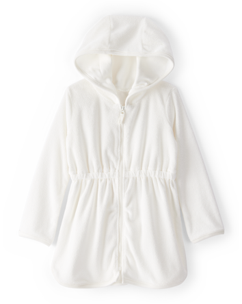 Toddler Girl Hooded Terry Cloth Swim Cover-Up Dress - White, 