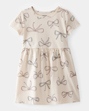 Toddler Girl Bow Print Short-Sleeve Knit Dress - Ivory, 