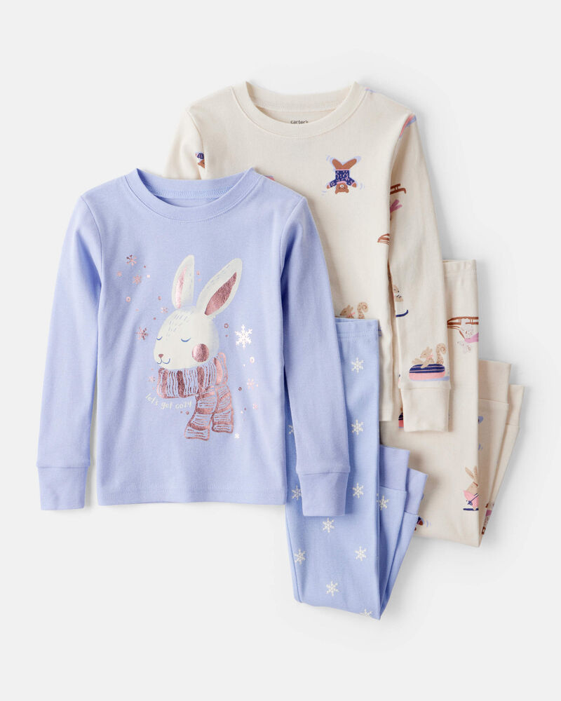 Toddler Girl Bunny Print 100% Cotton Long-Sleeve Snug Fit 4-Piece Pajamas - Brown/Blue, image 1 of 4 slides