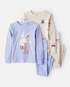 Toddler Girl Bunny Print 100% Cotton Long-Sleeve Snug Fit 4-Piece Pajamas - Brown/Blue, image 1 of 4 slides
