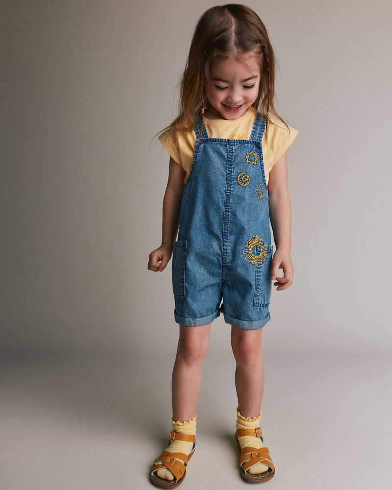 Toddler Embroidered Shortall with Pockets in Chambray, image 1 of 7 slides