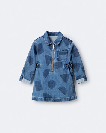 Toddler Girl Zip-Up Denim Shirt Dress with Shapes - Blue, 