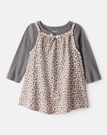 Baby Girl 2-Piece Leopard Print Long-Sleeve Dress Set - Grey/Brown, 