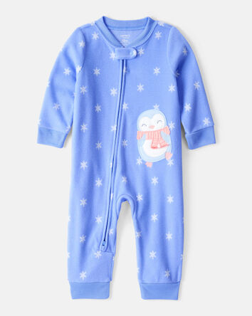 Toddler Girl Penguin Fleece Long-Sleeve Loose Fit 1-Piece Pajamas - Blue, 