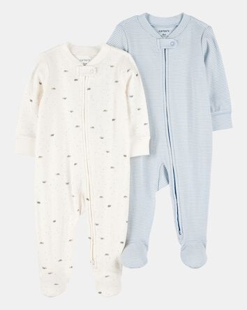 Baby Boy 2-Pack 2-Way Zip Cotton Sleep & Play Pajamas - Blue/White, 