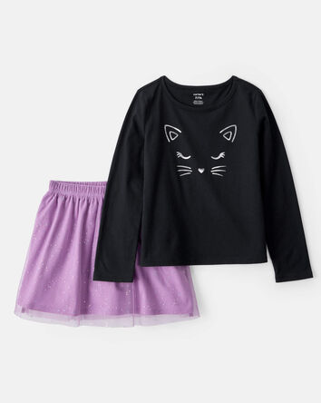 Kid 2-Piece Glitter Cat Tee & Tulle Tutu Skort Set - Black/Purple, 