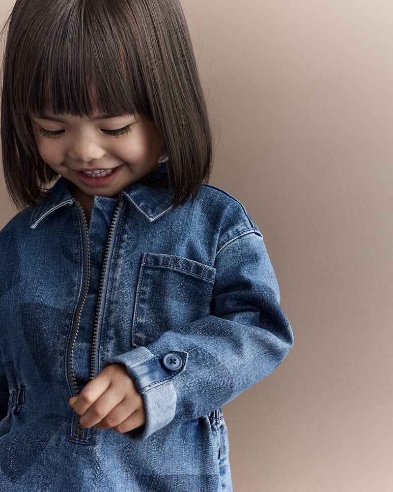 Toddler Girl Zip-Up Denim Shirt Dress with Shapes - Blue, image 5 of 6 slides