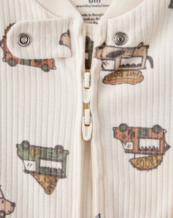 Baby Boy Truck Print Cotton Long-Sleeve Sleep & Play Pajamas - Ivory, 