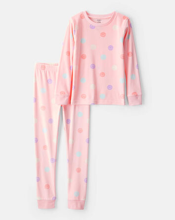 Girls Smiley Face Print DreamPlush Long-Sleeve Snug Fit 2-Piece Pajamas - Pink, 