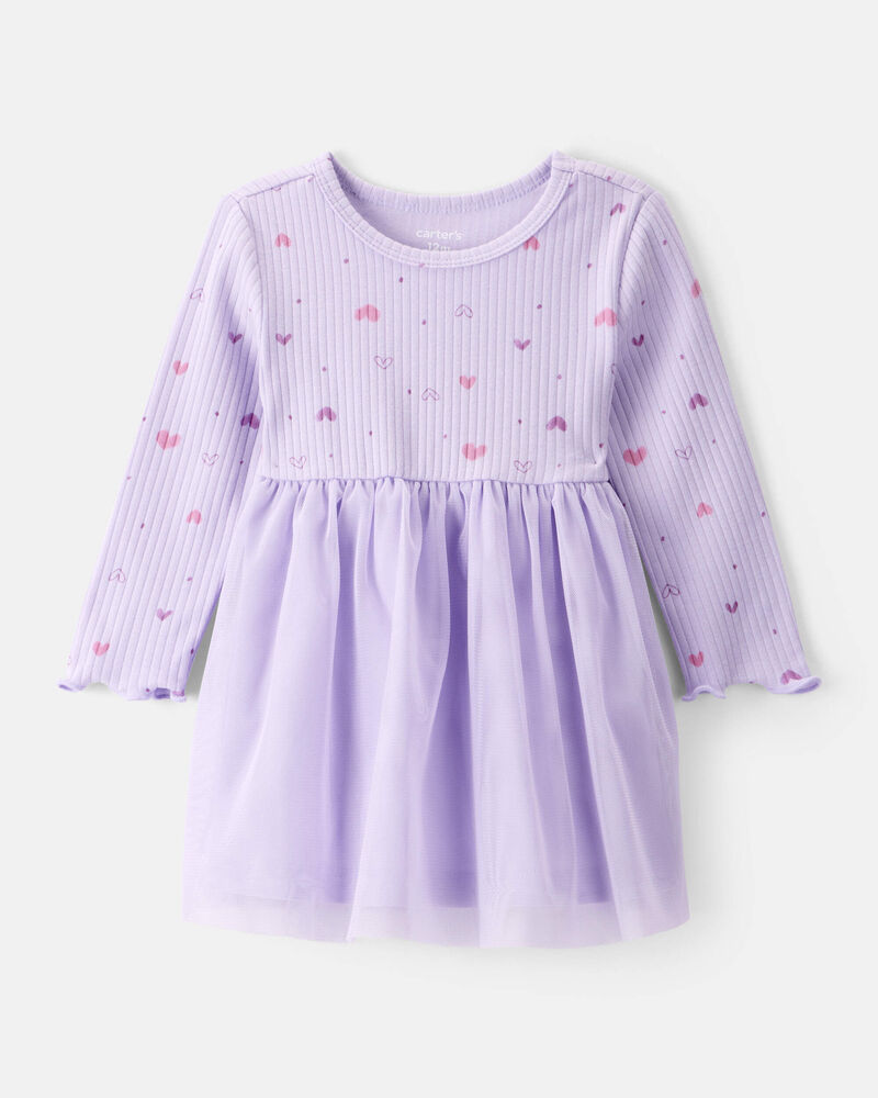Baby Girl Heart Print Long-Sleeve Dress - Purple, image 1 of 5 slides
