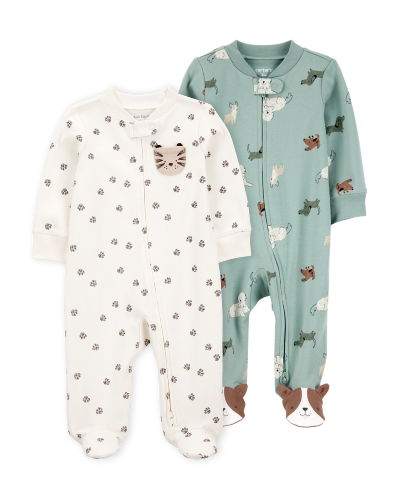 Baby 2-Pack  Cotton 2-Way Zip Sleep & Play Pajamas - Green/Ivory, image 1 of 7 slides
