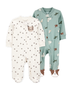 Baby 2-Pack  Cotton 2-Way Zip Sleep & Play Pajamas - Green/Ivory, image 1 of 7 slides
