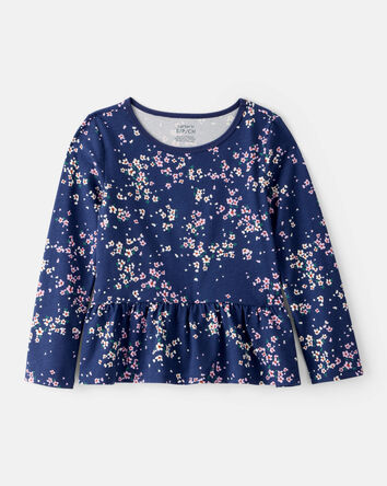 Girls Floral Long-Sleeve Peplum Top - Navy, 