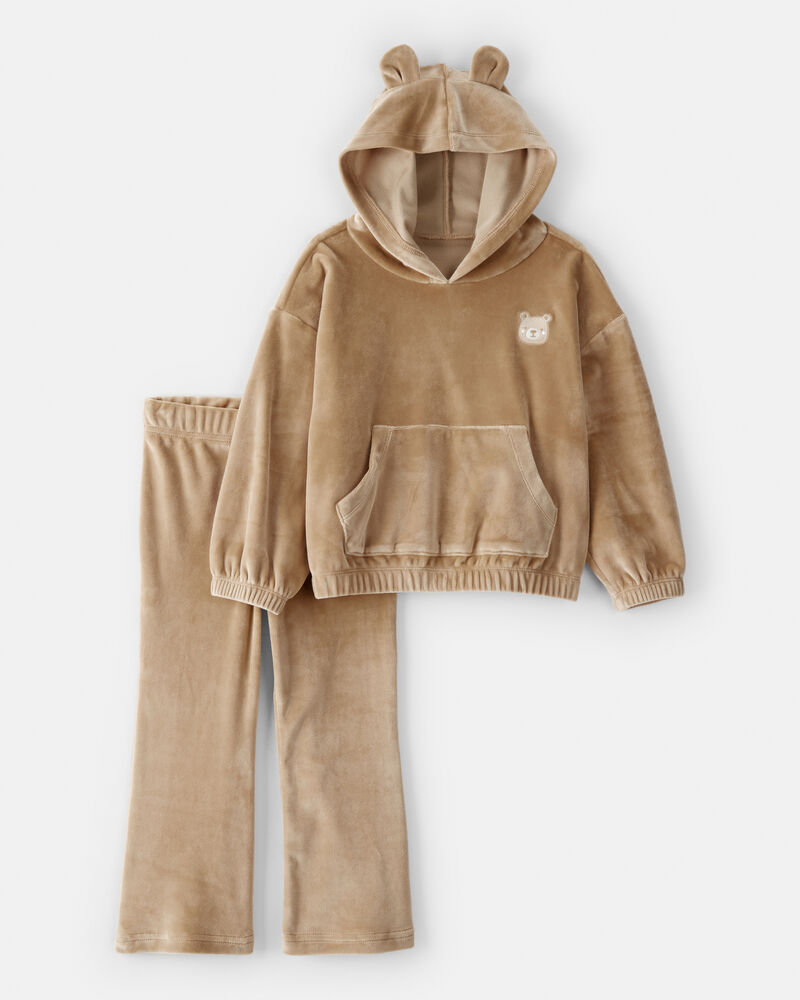 Toddler Girl Bear Velour Hoodie & Pant Set - Brown, image 1 of 5 slides