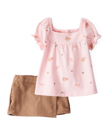 Toddler Girl 2-Piece Floral Short-Sleeve Top & Cotton Skirt Set - Pink/Brown, 