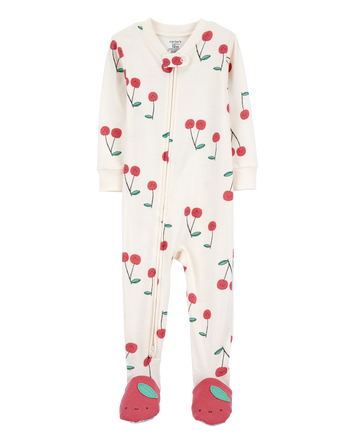 Baby Girl Cherry Print Snug Fit Cotton Footie 1-Piece Pajamas - White, 