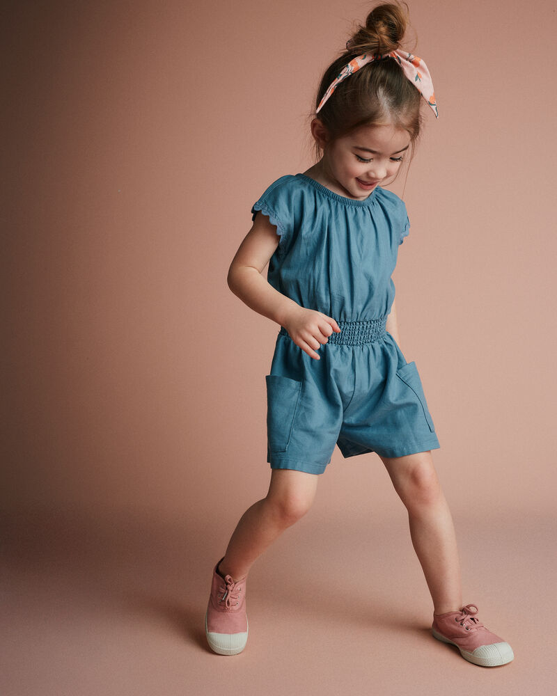 Toddler Girl Ric-Rac Swing Romper with Pockets - Blue, image 1 of 5 slides