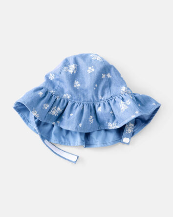 Baby Girl Chambray Floral Print Sun Hat - Blue, 