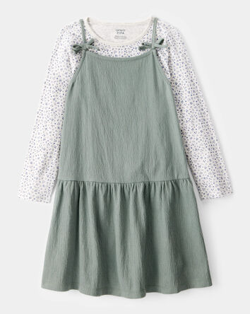 Kid 2-Piece Floral Print Tee & Tank Dress Set - Green/Grey, 