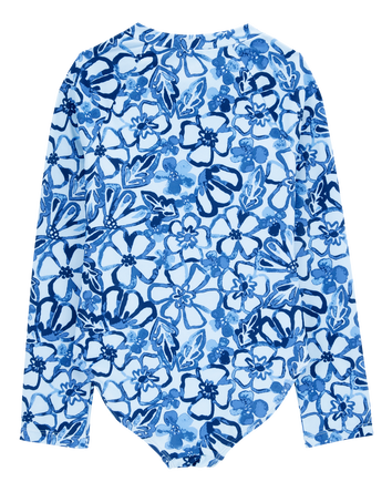 Girls 1- Piece Floral Long-Sleeve Rashguard Swimsuit - Blue, 