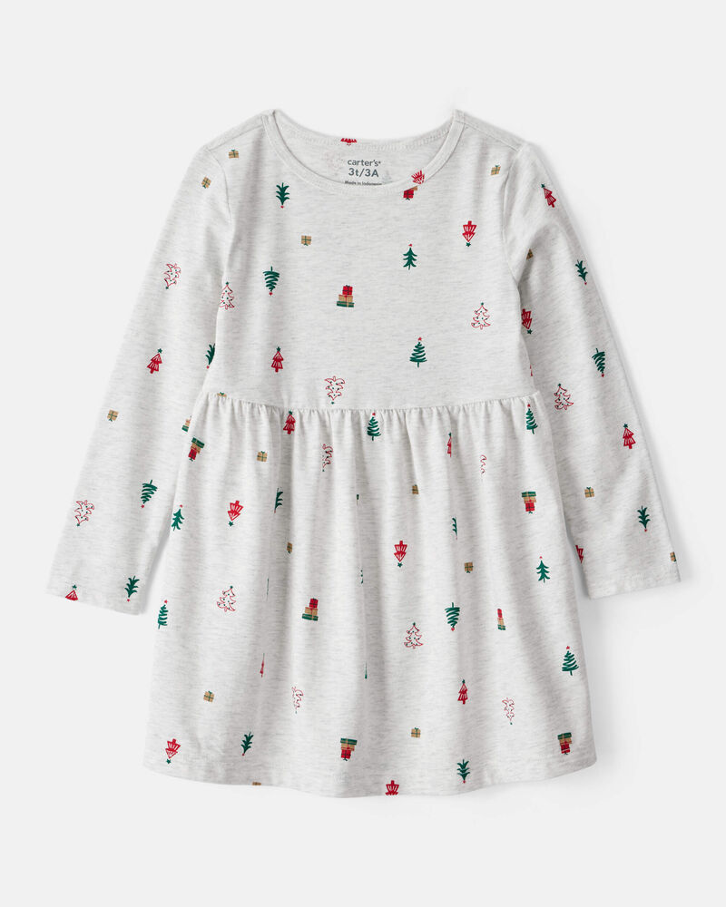 Toddler Girl Christmas Tree Print Long-Sleeve Dress, image 1 of 4 slides