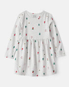 Toddler Girl Christmas Tree Print Long-Sleeve Dress, image 1 of 4 slides