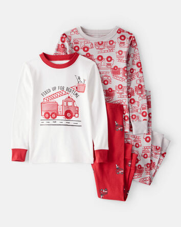 Baby Boy Firetruck Print 100% Cotton Long-Sleeve 4-Piece Pajamas - Red/White, 
