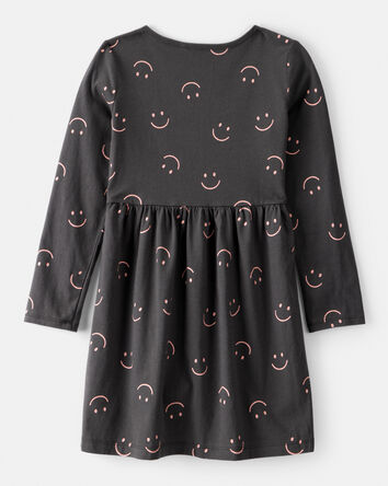 Girls Smile Print Long Sleeve Cotton Dress - Black, 