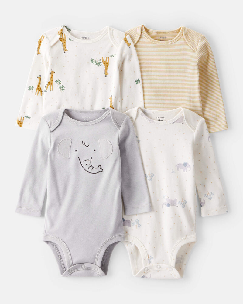 Baby 4-Pack Safari Print Cotton Long-Sleeve Multipack Bodysuits - Ivory/Yellow, image 1 of 6 slides