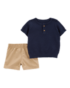 Baby 2-Piece Sweater Knit Henley & Short Set, image 1 of 4 slides