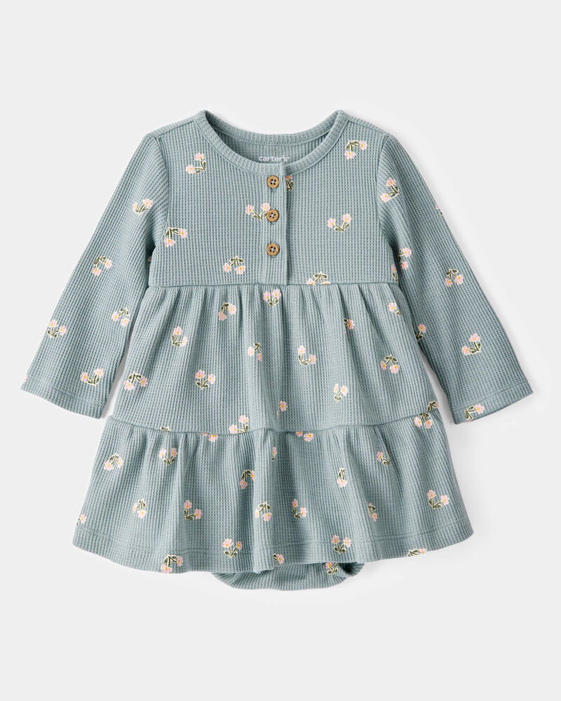 Baby Floral Waffle Knit Bodysuit Dress - Green, image 1 of 4 slides