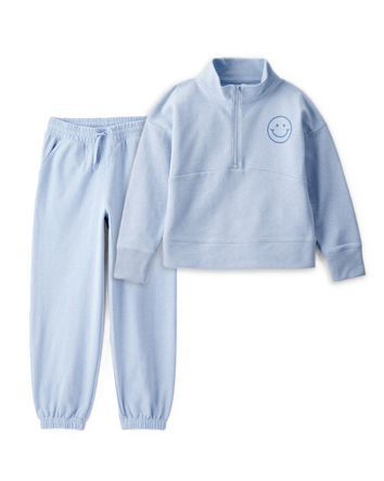 Girls 2-Piece Smiley Face Pullover Sweatshirt & Joggers Set - Blue, 