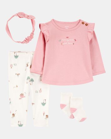 Baby 4-Piece Farm Print Outfit Set - White/Pink, 