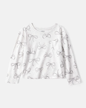 Girls Bow Print Long-Sleeve Top - Grey, 
