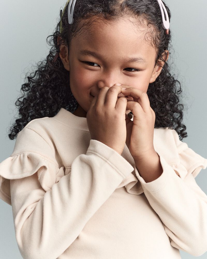 Toddler Girl Mock Neck Ruffle Top - Khaki, image 3 of 6 slides