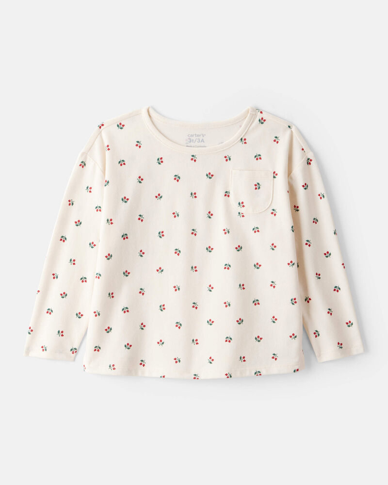 Toddler Girl Holly Berry Print Cotton Long-Sleeve Top - Cream, image 1 of 3 slides