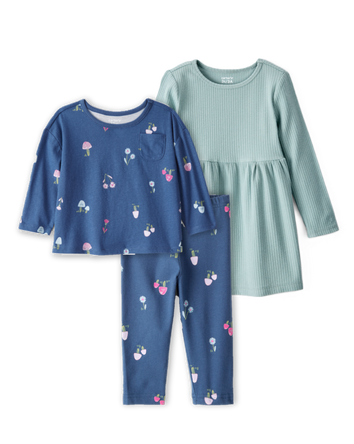 Baby Girl 3-Piece Floral Outfit & Dress Set - Blue/Green, 
