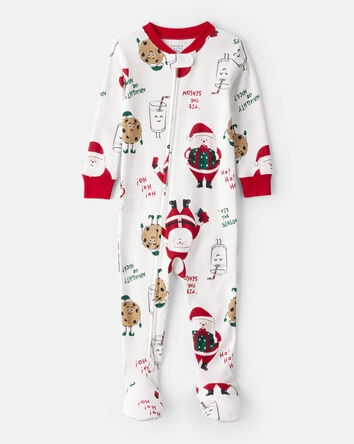 Baby Beige Santa Milk & Cookies 100% Cotton Long-Sleeve Snug Fit 1-Piece Pajamas - White, 
