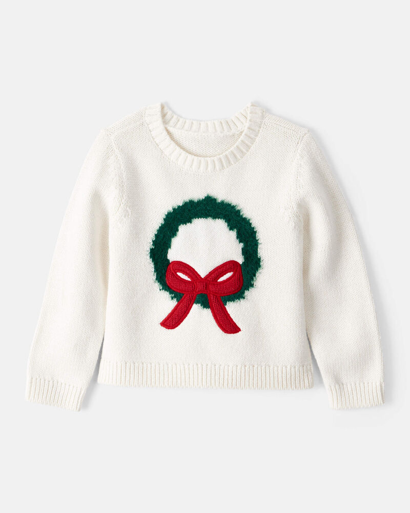 Toddler Girl Christmas Wreath Long-Sleeve Sweater - White, image 1 of 4 slides