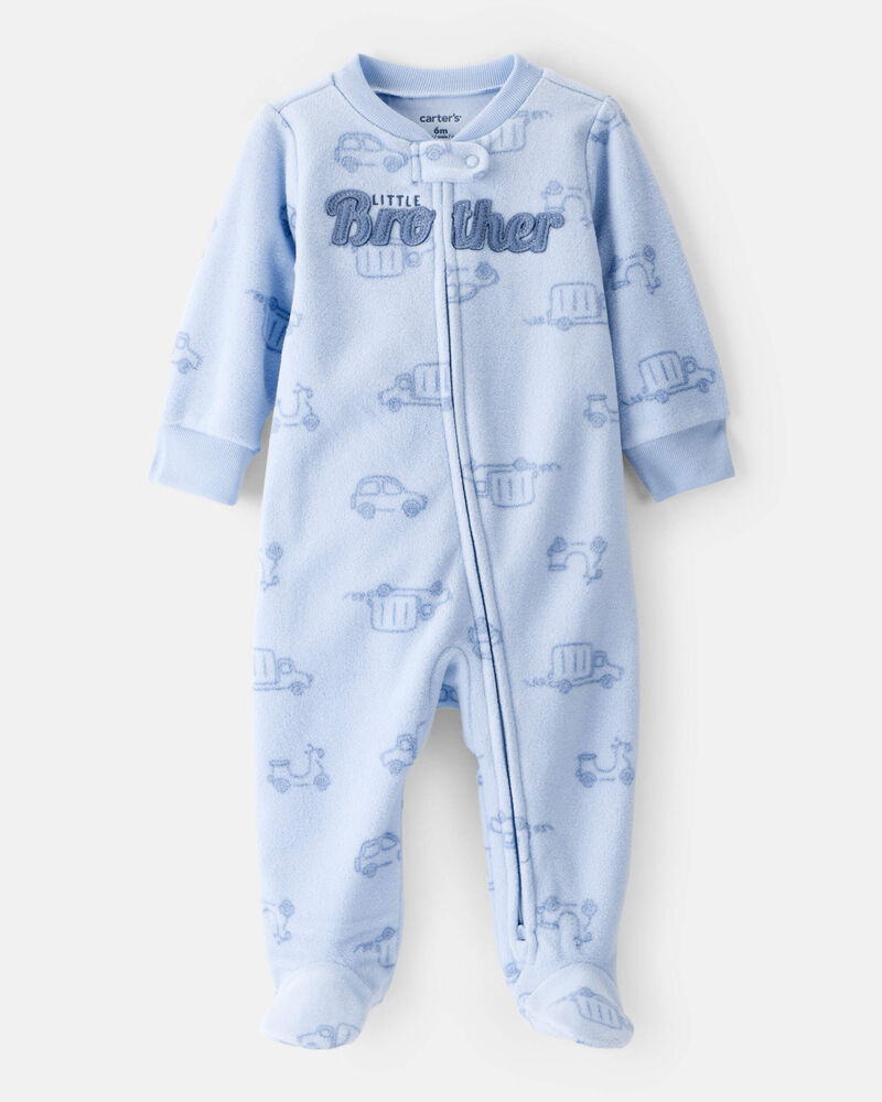 Baby Boy 'Little Brother' Car Print Fleece Sleep & Play Pajamas - Blue, image 1 of 4 slides