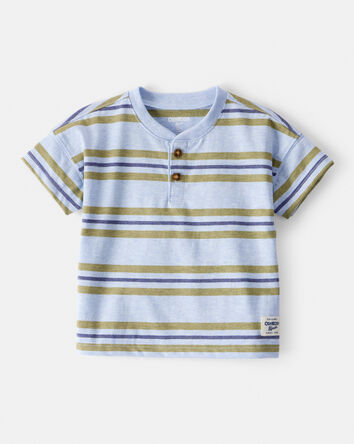Baby Boy Striped Short-Sleeve Henley Tee - Blue, 