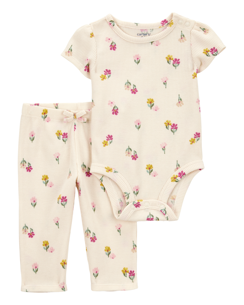 Baby 2-Piece Floral Short-Sleeve Waffle Knit Bodysuit Pant Set - Ivory, image 1 of 3 slides