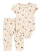 Baby 2-Piece Floral Short-Sleeve Waffle Knit Bodysuit Pant Set - Ivory, image 1 of 3 slides