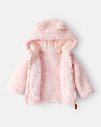 Baby Girl Sherpa Long-Sleeve Hooded Zip-Up Jacket - Pink, 
