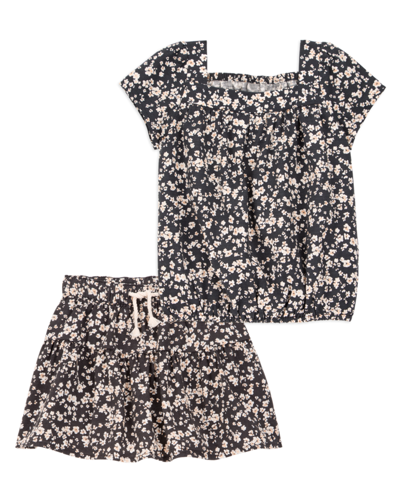 Toddler 2-Piece Square Neck Floral Top & Drawstring Skirt Set, image 1 of 7 slides