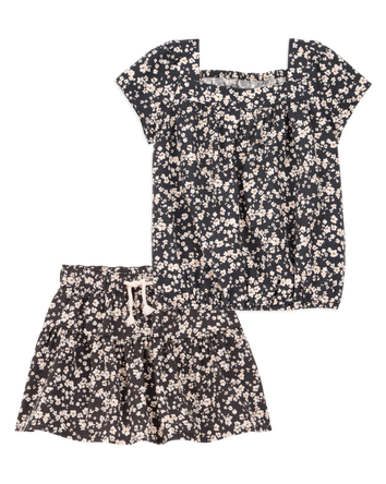 Toddler 2-Piece Square Neck Floral Top & Drawstring Skirt Set, 