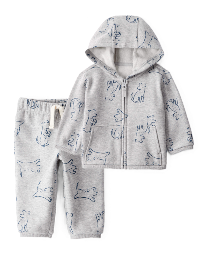 Baby Boy 2-Piece DayDream Fleece Dog Hoodie & Knit Pants Set - Grey, image 1 of 6 slides