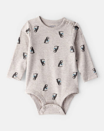 Baby Penguin Print Long-Sleeve Graphic Bodysuit - Grey, 