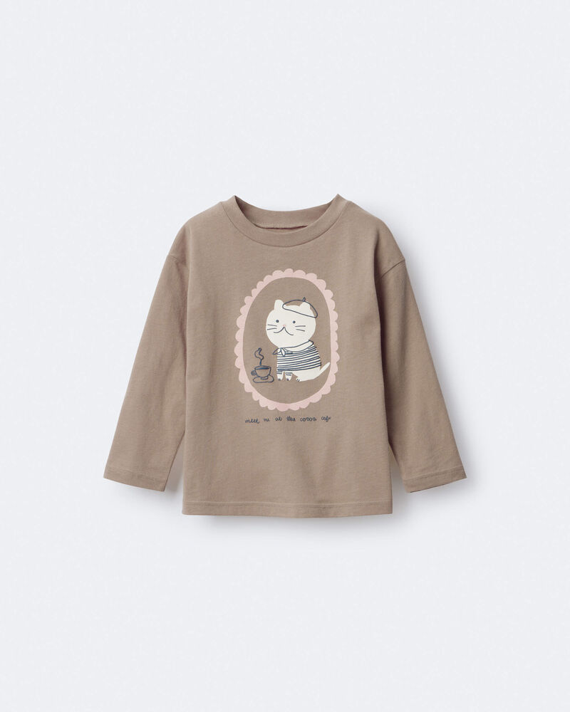 Toddler Girl Cocoa Cat Long-Sleeve Relaxed Graphic Tee - Tan, image 2 of 6 slides