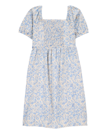 Kid Smocked Floral Print Dress - Blue, 